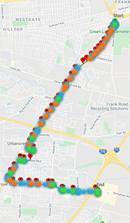 Image of map view from the route taken in case study four. This map displays red arrows signifying the waypoints on the route as well as orange, blue, and green circles describing Waypoints Hit, Waypoints No Response, and Waypoint Responded. There are sections of the map where no colored circles are present, only the red Waypoint arrows.
