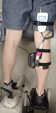 A prone subject’s leg is placed on the foot pedal of a dynamometer. Two electrical stimulation electrodes affixed to their calf. A portable continuous wave Doppler ultrasound probe is secured over the medial head of the right gastrocnemius.