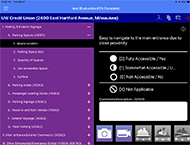 A screenshot of the main AccessTool assessment user interface is displayed in order to provide an example of the branching question system that is used in the app. It also displays the Trichotomous Tailored, Sub-branching Scoring (TTSS) and the four available answers for all questions (‘[2] Fully Accessible / Yes’, ‘[1] Somewhat Accessible’, ‘[0] Not Accessible / No’, [X] Not Applicable). 