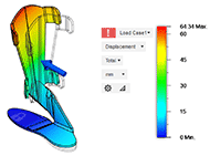 : the 3 figures represent a Finite Element Model analysis of the orthosis with 6mm thickness of the plate. A force is applied at the center of the shank pointing forward. The maximum deformation occurs at the top of the shank support. From right to left orthosis are made of ABS plastic with maximum deformation of 408.4mm, LCP plastic with maximum deformation of 64.34mm, Acetal Resin with maximum deformation of 315.1mm,