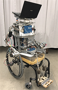 The Anatomical Model Propulsion System is a robotic wheelchair operator consisting of an aluminum skeletal frame and mechatronic hardware designed to mimic the basic body segment parameters of an adult male. It is seated on the Quickie GT ultralightweight wheelchair with its motors meshed to the geared push-rims.