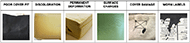 Table 5 consists of two rows, row one which lists the wear characteristics listed left to right: Poor Cover Fit, Discoloration, Permanent Deformation, Surface Change, Cover Damage, Worn Labels. Row two shows six 1” by 1” photographs left to right depicting distinct examples of the aforementioned wear characteristics discovered throughout the aging observation process. Poor Cover Fit shows a portion of a cushion cover shown loosely hanging over the back  of the cushion. Discoloration shows where a portion of a foam cushion has become a yellow-brown color compared its normal white shade. Permanent Deformation shows where the corner of a foam cushion has become crushed and wrinkled in a permanent manner that will not return to its original state. Surface Changes shows visible cracks on the surface of a cushion. Cover Damage shows where there is a large hole on the inner cover of the cushion.  