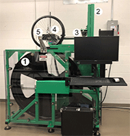 Drum-based rolling resistance testing machine,  (1) Drum, (2) Upper Frame, (3) Arm, (4) Truck, (5) Load Cell.  The photo of the equipment shows the locations of the major components labeled by number.  The drum is a 4 feet in diameter and the equipment can test wheels or casters.