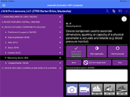 On the left side of the MED-AUDIT screenshot, sections are listed including tasks required of user, device features: overall, device features: components, measuring device, and compartments. On the right side of the screen the measuring device section is expanded, highlighting the statement, “Device components used to ascertain dimensions, quantity, or capacity of a physical parameter is accurate and reliable (e.g., blood pressure monitor)”. The statement can be answered using three options: applicable/somewhat applicable, not applicable, and not examined.