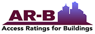 The AccessRatings for buildings logo of a capital “AR-B” in purple letters with purple building structures. 