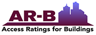 The AccessRatings for buildings logo of a capital “AR-B” in purple letters with purple building structures.