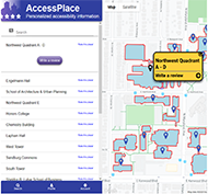 Screenshot of the AccessPlace personalized accessibility information page (left slide) and a map of the University of 	Wisconsin-Milwaukee (right side).