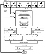 The overall algorithm flowchart indicates what parts of the algorithm will kick in at what specific point of the experiment timeline. It shows that the acquisition thread will start right before the stimuli are presented, that the data will be conditioned in two separate threads and then classified individually, according to the paradigm that's being used. Finally, the fusion thread will decide what is the final output and feedback will be sent back to the display.