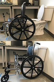  Rollover wheelchair normal height (top) and raised to back over toilet (bottom) demonstrating another approach to a wheelchair with toilet access [3]