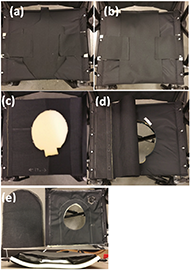 Images of created prototypes (a. slim wrap around layer, b. wide wrap around layer, c. layer under seat, d. layer on top of seat, e. pull tab)