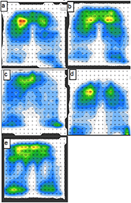 Exemplary prototype pressure maps (a. slim wrap around layer, b. wide wrap around layer, c. layer under seat, d. layer on top of seat, e. pull tab). a, b, and d provided similar support to the seat with permanent opening, whereas c and e were capable of better distributing pressure.