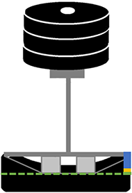 This figure shows an image of the Loaded Contour Depth and Overload Deflection test fixture and method. It depicts a weighted loading indenter that represents a partial pelvis with two cylinders as the ischial tuberosities and two buttons as the greater trochanters with seat belt webbing stretched across them on top of a cushion. Loaded Contour Depth is shown as a vertical height from the top edge of the cushion to the bottom of the ischial cylinders. Overload Deflection 1 and Overload Deflection 2 are also shown extending this vertical height.