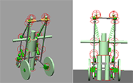 Figure of the device in simulation representing the frame, wheels and seating of the system. A dummy user is presented in a standing position with the arms open. On the left the device is presented in isometric view, while on the right it is seen from the front