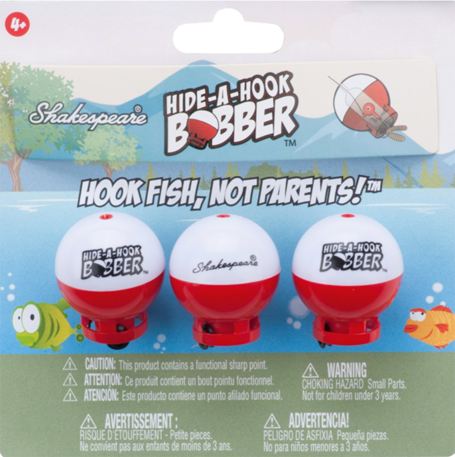  White and red bobbers with the words 'hide-a-hook bobber' in black.