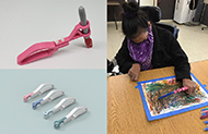 This image is a combined image showing the Versita drawing aid, a hand-held tool that made up from a main ring-shaped hand grip, and a pen holder part assembled to the hand grip. The image shows how a Cerebral Palsy user can put a drawing tool such as paint brush into the holder, and then grab onto the hand grip to start drawing with it.