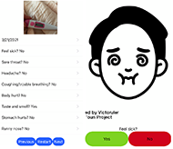 This image shows the layout of two screens in the application. The first shows the data collected from the user with a picture of the thermometer displaying their temperature, the date the app was used, and whether the user answered 'yes' or 'no' to each of the screening questions. At the bottom of the screen there are three buttons; one to return the previous date the application was used, one to progress to the next date the application was used, and one button to restart the application and return to the beginning of the screening.