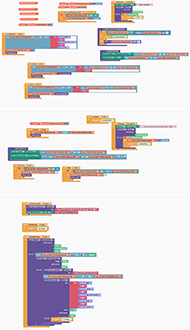 This image provides examples of the code that makes up the application. The code is made up of various blocks of differing colors. Each color is related to a different part of the code, such as variables, lists, and commands. 