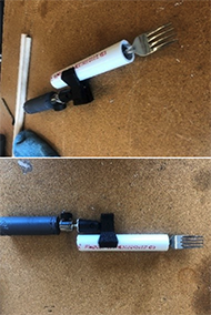 The first picture shows a 1.5 inch diameter therapist handle, 6 inches long. Joint that has a twist lock that attaches therapist handle to plastic PVC pipe via a microphone style clamp. Typical metal fork is attached. The second picture is the same device at a different angle. A 1.5 inch diameter therapist handle, 6 inches long. Joint that has a twist lock that attaches therapist handle to plastic PVC pipe via a microphone style clamp. Typical metal fork inserted into the PVC pipe. View is focused on clamp.