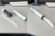 : This picture depicts the redesigned client handle. It is a PVC cap with glued in plastic bristles. This is inserted into a PVC pipe. A knife is placed in the PVC pipe through a rubber cover, and held by the bristles. Both assembled and disassembled handles are shown.