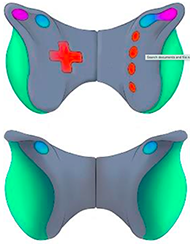 The image included depicts a modified controller that looks vaguely similar in shape to a standard videogame controller, but with large silicone parts on either side that are designed to be squeezed.