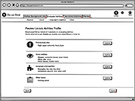 A screenshot showing an example wireframe in the prototype, one of about 60 wireframes across 4 sections of Gather Background Info, Evaluate Abilities, Test-drive Solutions, and Review. The 4 sections are shown as tabs at the top of the wireframe. The main content of the wireframe is titled “Review Linda’s Abilities Profile.” Below that title it lists the aspects of Linda’s abilities that have been entered into the Access Assistant app thus far, such as potential body sites for access, visual abilities, and language and cognition.