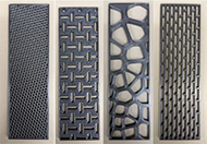 Four different samples that were used for 3-Point Bend Testing are shown next to each other. The PrusaSlicer Infill, Bidirectional, Voronoi, and Unidirectional matrix samples are shown.