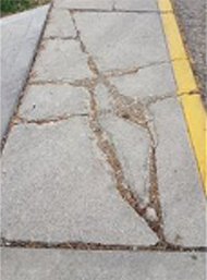 Photographs of sidewalk showing features of broken and uneven surfaces, and deep grooves. This Image depicts the issues individuals with mobility impairments may face as they travel.