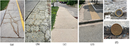 Photographs of sidewalk or road segments showing features like broken and uneven surface, deep grooves, steep slopes, absence of access ramps. This figure depicts the issues individuals with mobility impairments may face as they travel around the city/country. 