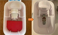 The evolution of the feedback mechanism and toothpaste control is shown. The original dispenser prototype shows the inside of the white dispenser with a pink piece of foam mounted on the back wall. The final design shows a bent piece of metal mounted on the back wall of the white dispenser.