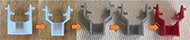 The first and second iterations of the skinny lever sit side by side on a wooden background. On the left, a white 3D printed lever has a narrow, square shaped opening with four short rods that serve as support to mount the lever into the device.
On the right, a grey 3D printed lever has a square shaped opening that is angled downward. There are four short rods that serve as support to mount the lever into the device.
The third, fourth, and fifth iterations of the skinny lever sit side by side on a white woven background. The third iteration is a grey 3D printed lever has a square shaped opening that is angled downward. There are four short rods that serve as support to mount the lever into the device. To the right, is the fourth lever which looks the same as the previous lever with slightly thicker walls. To the right of that, is the fifth lever, which looks the same except it is red.