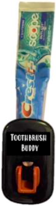 The red and black dispenser is completely assembled on a white background. The dispenser has the Toothbrush Buddy logo in white text. A blue and green Crest toothpaste tube sits in the top hole.