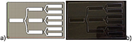 This template was 3D modeled and laser cut in 3 mm thick transparent acrylic. It has 3 columns, the left column has 1 centered square for the title, flowing with clasp keys to 3 squares on the center column, and each square flows with clasp keys to 2 squares on the right column (6 squares in total on the right column). Its dimensions are 15.2 x 9.5 x 0.3 cm.