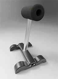 Figure 3 is a rendered CAD image of the final design of the Assist Handle in its assembled state, lying against a shadowed white background. The device itself consists of a mat black, cylindrical handle with a hole in the middle. a metallic cylindrical rod that connects to the handle and the base, and a shiny black base consisting of four opposing foldable legs taking the curvature shape of the handle.
