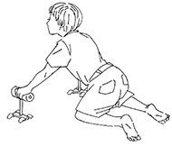 Figure 5A is a black and white line illustration of a young boy using two Assist Handles while crawling on the ground. The boy is using each of his hands to hold onto the handle portion of the Assist Handles while distributing his weight on the handles as well as his knees.
