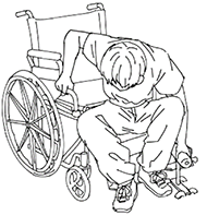 Figure 5B is a black and white line illustration of a young boy attempting a sideways floor-to-wheelchair transfer using an Assist Handle. The boy is using his left hand to push against the Assist Handle while using his right hand to push against the side frame of the wheelchair to get back onto the wheelchair.