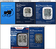 Four blood pressure monitors used in the study are listed from A-E with A, B, and C in a top row and D and E in the bottom row. The monitors are: A) a black manual inflate monitor, B) a white automatic arm monitor, C) a white automatic wrist monitor, D) a gray deluxe automatic arm monitor, and E) a black deluxe automatic wrist monitor. The monitors were chosen to represent the range of blood pressure monitoring devices available in the marketplace.  