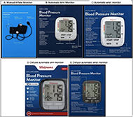 Four blood pressure monitors used in the study are listed from A-E with A, B, and C in a top row and D and E in the bottom row. The monitors are: A) a black manual inflate monitor, B) a white automatic arm monitor, C) a white automatic wrist monitor, D) a gray deluxe automatic arm monitor, and E) a black deluxe automatic wrist monitor. The monitors were chosen to represent the range of blood pressure monitoring devices available in the marketplace.