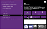 On the left side of the MED-AUDIT screenshot, sections are listed including tasks required of user, device features: overall, device features: components, measuring device, and compartments. On the right side of the screen the measuring device section is expanded, highlighting the statement, “Device components used to ascertain dimensions, quantity, or capacity of a physical parameter is accurate and reliable (e.g., blood pressure monitor)”. The statement can be answered using three options: applicable/somewhat applicable, not applicable, and not examined.