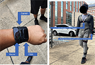 The image on the left shows three of the wearables used during the protocol. In order from the most distal (closest to the wrist) is Fitbit, then Garmin in between, and finally Xiaomi (furthest from the wrist). This order was kept constant among participants. The image on the right shows a student performing the six-minute walk test while also wearing the fourth set of wearables, the Xsens DOT around his chest, left thigh, left shin, and left arm superior to the Xiaomi.