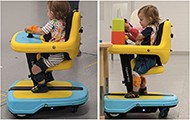 Side by side comparison of a toddler in a yellow and blue powered mobility device (Explorer Mini) in a seated and standing position.
