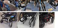 Figure 1 is a compilation of 6 photos of the rear lower portion of commercial wheelchairs with the UDIG hardware added.  In each photo, two vertical bars have been added to the structure of the wheelchair inside of the rear wheels and well above the lowest portion of the wheelchair frame. The top row of three photos show the evolution of hardware attached to the back of  KiMobility Catalyst wheelchairs.  As you move from left to right, the hardware gets lighter and less conspicuous. The lower row of photos shows hardware added to a Quantum Q6, Sunrise Quickie 2 and a Permobil F3 Corpus wheelchairs.