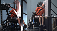 Figure 4 shows two peak of action shots from side impact tests.  The first photo is from a far side impact (meaning the impact is on the side of the vehicle farthest away from the rider) and the second photo is for a nearside impact (meaning the impact is on the side of the vehicle closest to the rider.  For the far side impact the wheelchair is secured using UDIG and the lateral motion of the crash dummy is limited by a large, ceiling-mounted airbag that has created a vertical barrier for the rider head and torso.  For the near side impact, the dummy is contacting a simulated sidewall of a vehicle, represented by a padded wall.  