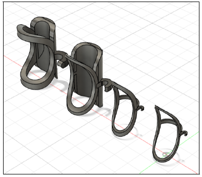 Several iterations of splints, with final (leftmost) and initial (rightmost) designs