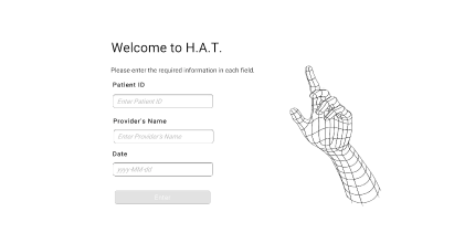 Figure 5. Login screen for H.A.T. with input fields and a wireframe hand graphic.