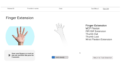 Figure 7. On the task page, instructions are provided on the left, showing a hand performing a finger extension exercise along with text beneath it. A virtual hand that is tracked by the Ultraleap device is shown in the middle and a task list is on the right. A hand-detection toggle is displayed under the virtual hand and shows a loading bar with text “hold steady” inside of it.