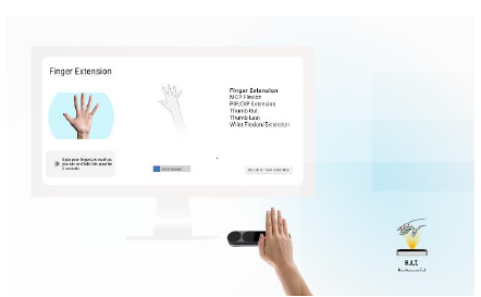 Figure 9. The H.A.T. interface. A finger extension task is displayed on a computer screen that is showing a list of hand tasks selected by the user, a virtual hand, text instructions, a “Back to Task Selection” button, and a hand-detection toggle. A human hand is placed over an Ultraleap hand-tracking device positioned under the computer screen.