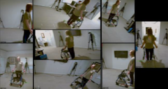 Figure 1: The figure shows eight images screen-captured together on a black background. The images in the figure are from the Theia 3D and Qualisys video capture and analysis software. The figure shows the eight different angles of a participant standing in the anatomically neutral position (upright, arms to the sides, palms facing outwards), with a four-wheeled walker aligned in front of them.