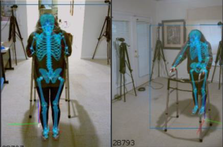 Figure 2: This figure shows two images of a participant using a no-wheeled walker with a skeleton superimposed over their own figure. These images were captured from Theia 3D, and show the placement of different bones and joints in the participant according to the software’s AI. The figure also shows the coordinate system used, indicated by the green, blue, and red vectors. The two images in this figure are taken from two different angles via two different cameras in the lab.
