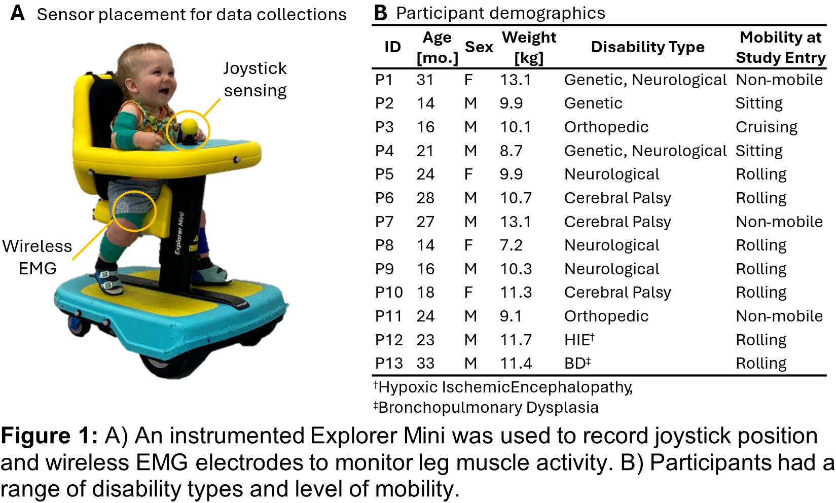 Figure 1: (A) Sensor placement for data collection: Image of a child seated in a mobility device equipped with sensors. Wireless electromyography (EMG) sensors are placed on the child’s thighs, and a joystick sensing mechanism is visible for joystick initiation.
(B) Participant demographics: Table showing participant ID, age in months (mo.), sex (F = female, M = male), weight in kilograms (kg), disability type, and mobility status at study entry. Disability types include genetic, neurological, cerebral palsy, orthopedic, hypoxic ischemic encephalopathy (HIE), and bronchopulmonary dysplasia (BD). Mobility categories include non-mobile, sitting, cruising, and rolling.