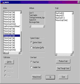 Figure 2 shows the screenshot of SGI. The left window shows all the user actions either from the JAWS macro recorder or from dynamic capture. The middle window shows all the features associated with each action; for example, the line number at which this action is performed, the text content of the line and whether or not the line will be spoken. The right window shows the optimized script. There are some radio buttons in the SGI that enable manual modification of a script. Users can delete actions, reorder a sequence of actions, and specify whether a line of text should be spoken.  In the situation shown in the figure, the user has pressed the Tab key several times until he found the desired link, then pressed the Enter key to follow this link. He then pressed the Tab key in the new window and ended by pressing the Enter key. The user has manually specified that the text associated with some of the Tab key presses should be read out. The SGI theen used PRNs to automatically replace several of the recorded actions with a single function call to Followlink( ).